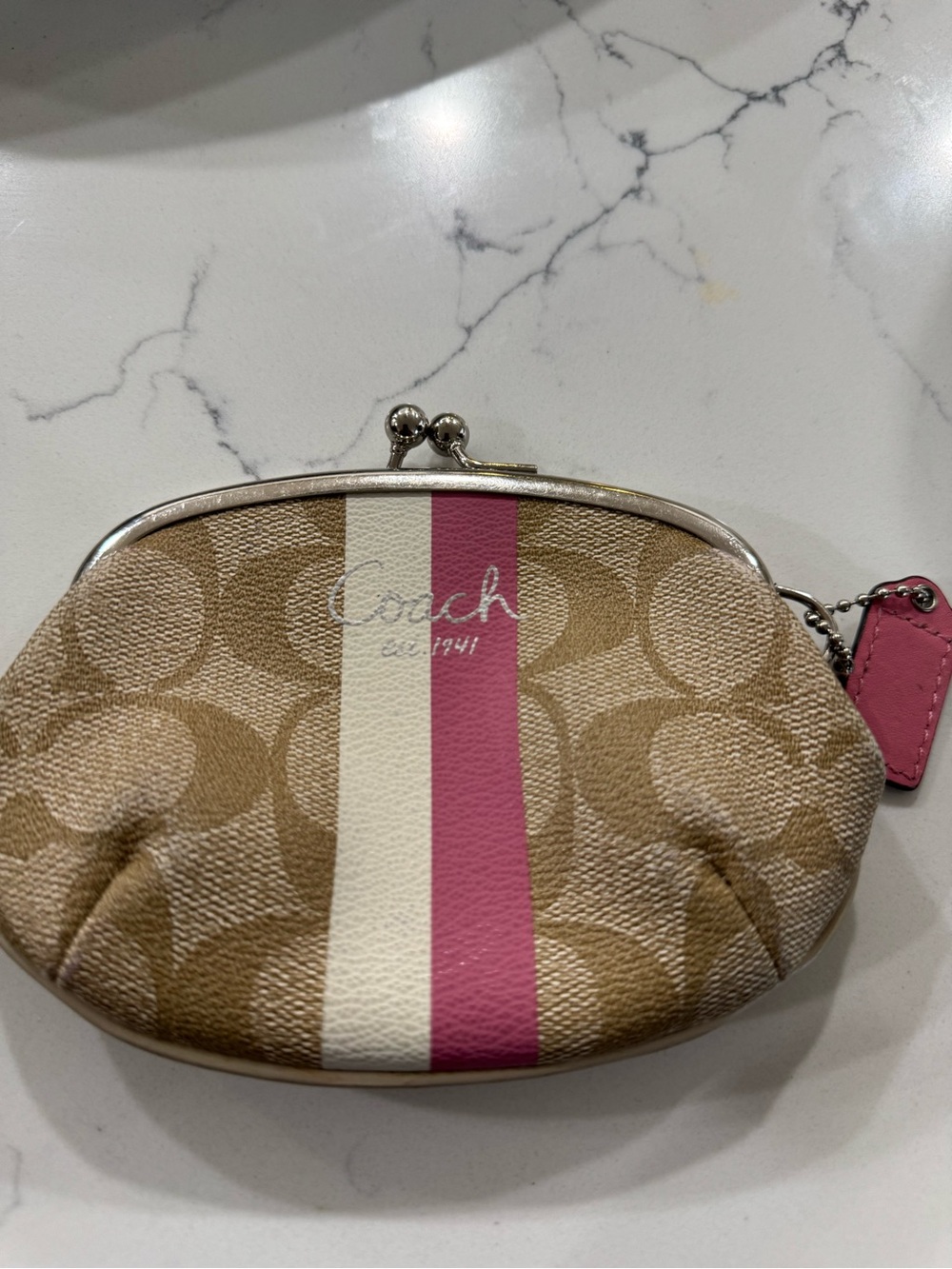 Coach Tan Canvas Coin Purse with Pink and Cream Center Stripe